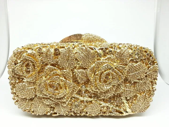 Bridal Metal Clutch Floral Rose Bag Women Crystal Gold Evening Bag
