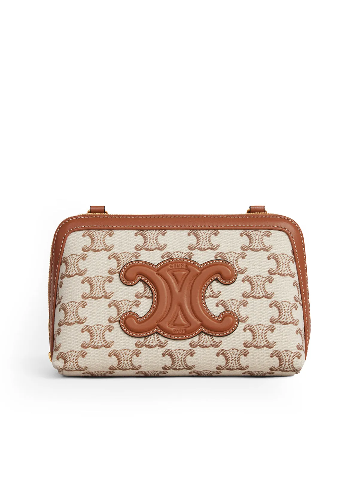 TRIOMPHE CUIR CLUTCH WITH CHAIN IN TRIOMPHE PRINT FABRIC AND WHITE CALF LEATHER